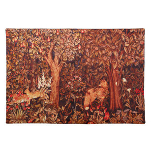 AUTUMN FOREST ANIMALS Hares,Fox,Brown Red Floral Placemat