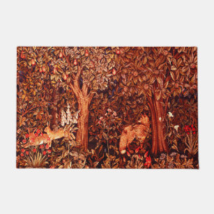 AUTUMN FOREST ANIMALS Hares,Fox,Red Brown Floral Doormat