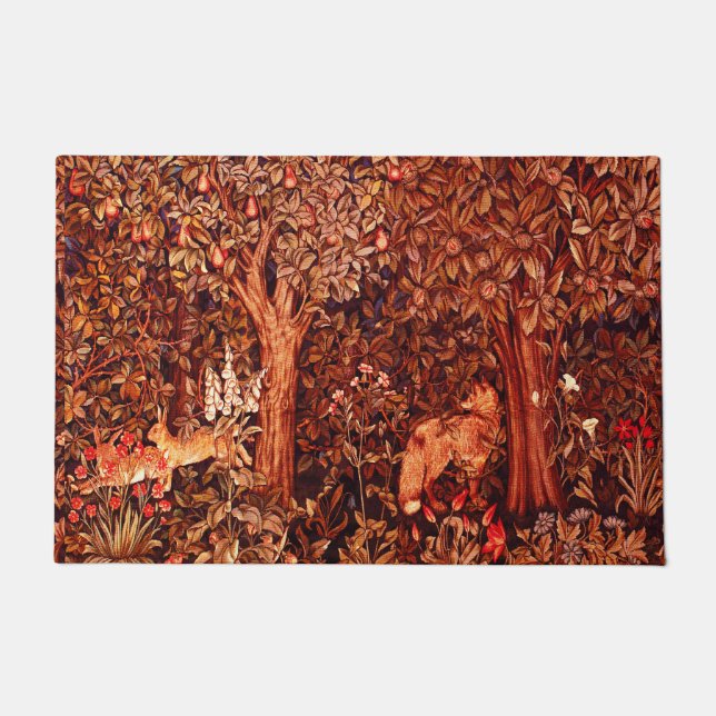 AUTUMN FOREST ANIMALS Hares,Fox,Red Brown Floral Doormat (Front)