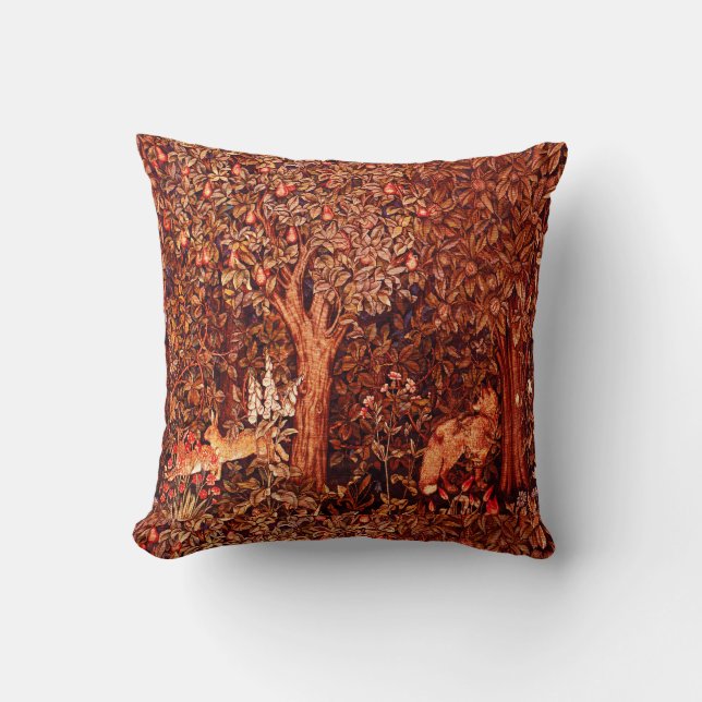 AUTUMN FOREST ANIMALS Hares,Fox,Red Brown Floral Throw Pillow (Front)