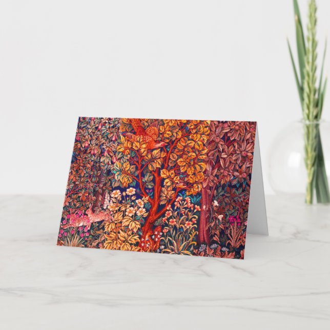 AUTUMN FOREST ANIMALS Hares,Pheasant,Red Floral  Holiday Card (Front)