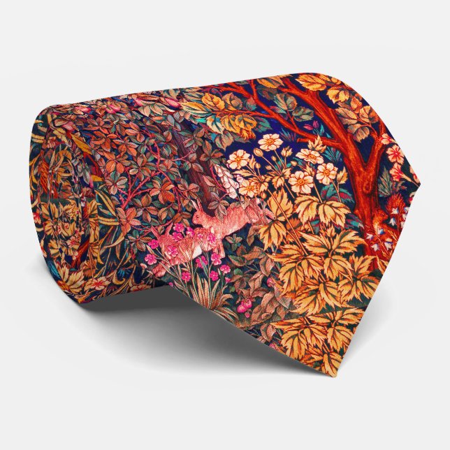AUTUMN FOREST ANIMALS Hares,Pheasant,Red Floral  Tie (Rolled)