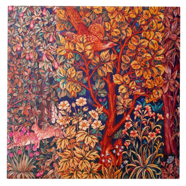 AUTUMN FOREST ANIMALS Hares,Pheasant,Red Floral  Tile (Front)