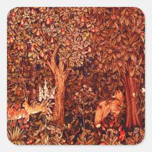 AUTUMN FOREST ANIMALS Hares ,Red Fox,Brown  Floral Square Sticker