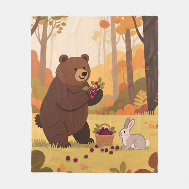 Autumn Forest Bear Rabbit Fleece Blanket (Front)