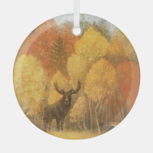 Autumn forest, digital deer and fox. glass ornament