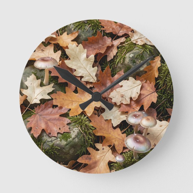 Autumn Forest Floor Mushrooms Moss Fallen Leaves Round Clock (Front)