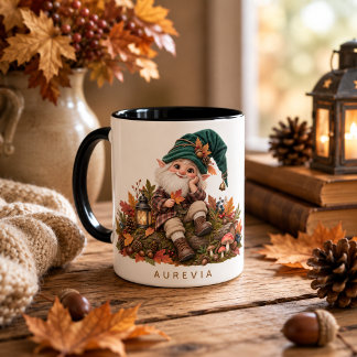 Autumn forest gnome mug with leaves and acorns