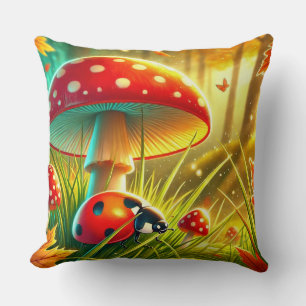 🐞 Autumn Forest Ladybug & Amanita Scene Throw Pillow