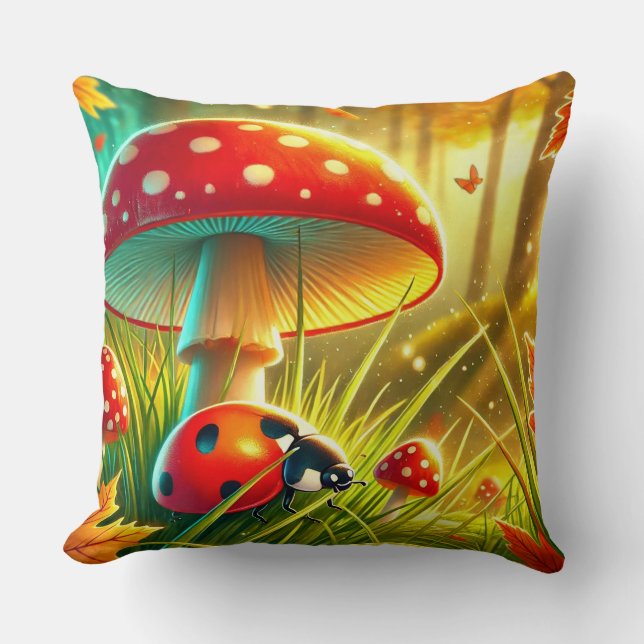 🐞 Autumn Forest Ladybug & Amanita Scene Throw Pillow (Front)