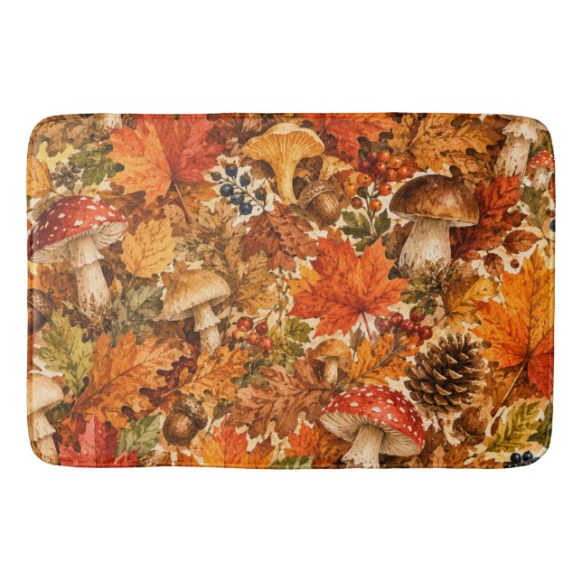 Autumn Forest Mushroom Pattern | Cozy Fall Leaves Bath Mat (Front)