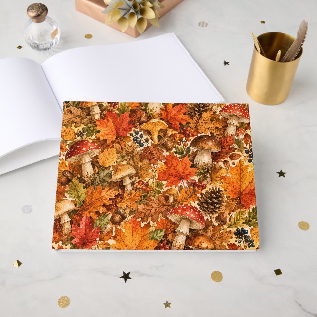 Autumn Forest Mushroom Pattern | Cozy Fall Leaves Guest Book (Front Open)