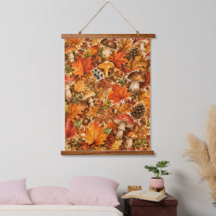 Autumn Forest Mushroom Pattern Cozy Fall Leaves Hanging Tapestry