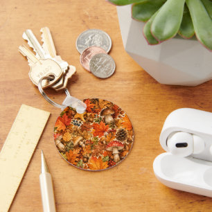 Autumn Forest Mushroom Pattern Cozy Fall Leaves Keychain