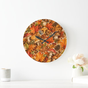 Autumn Forest Mushroom Pattern Cozy Fall Leaves Large Clock