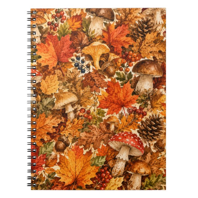 Autumn Forest Mushroom Pattern | Cozy Fall Leaves Notebook (Front)