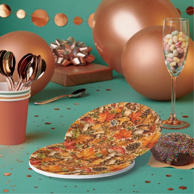 Autumn Forest Mushroom Pattern | Cozy Fall Leaves Paper Plate (Multi)