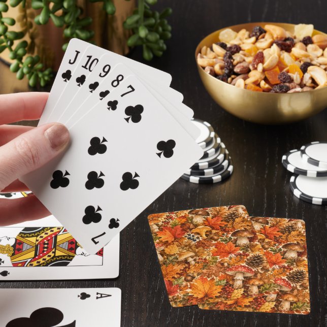 Autumn Forest Mushroom Pattern | Cozy Fall Leaves Playing Cards (In Situ)