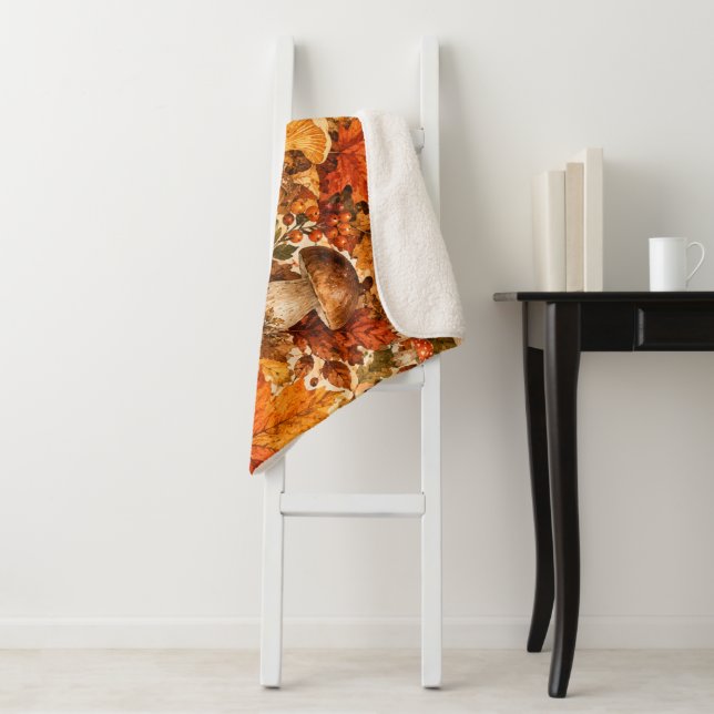 Autumn Forest Mushroom Pattern | Cozy Fall Leaves Sherpa Blanket (In Situ)