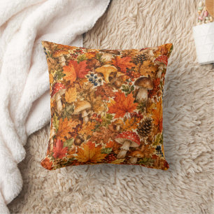 Autumn Forest Mushroom Pattern Cozy Fall Leaves Throw Pillow