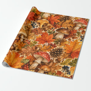 Autumn Forest Mushroom Pattern Cozy Fall Leaves Wrapping Paper