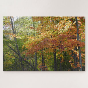 Autumn Forest Orange and Green Leaves Jigsaw Puzzle