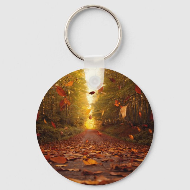 Autumn Forest Path Falling Leaves Keychain (Front)