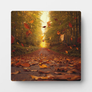 Autumn Forest Path Falling Leaves Plaque