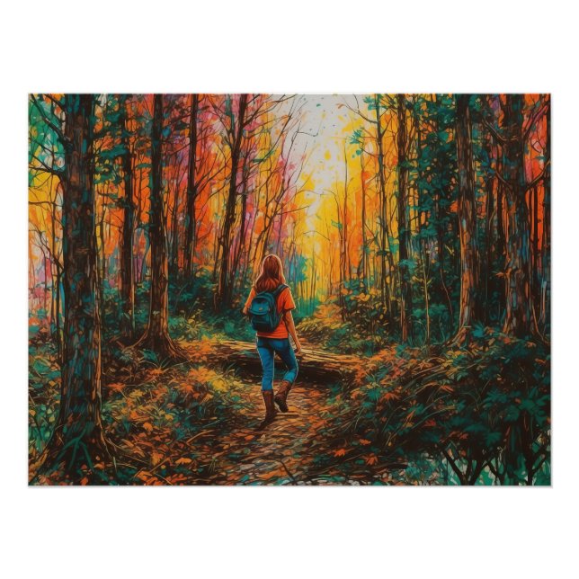 Autumn Forest Path Hiker Digital Art Landscape Poster (Front)