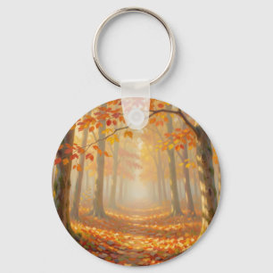 Autumn Forest Path Painterly Landscape Art Keychain