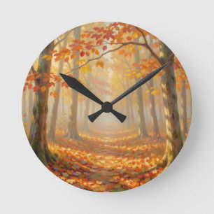 Autumn Forest Path Painterly Landscape Art Round Clock