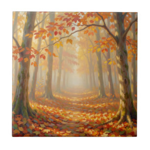 Autumn Forest Path Painterly Landscape Art Tile