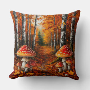 Autumn Forest Path Surrounded by Birch Trees Throw Pillow