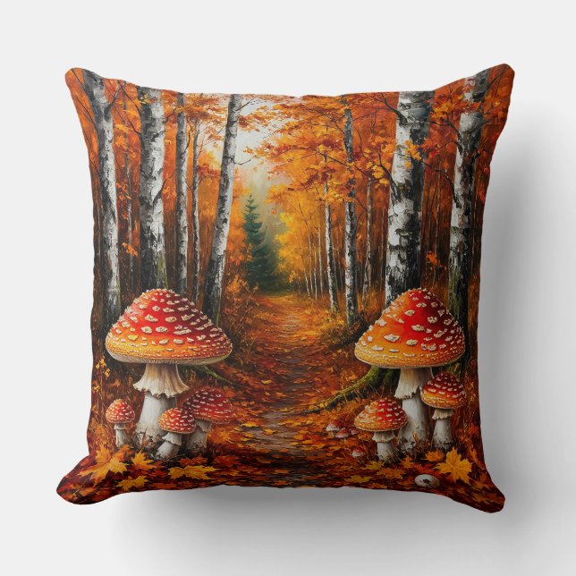 Autumn Forest Path Surrounded by Birch Trees Throw Pillow (Front)
