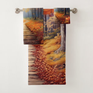 Autumn Forest Path with Vibrant Fall Foliage Bath Towel Set