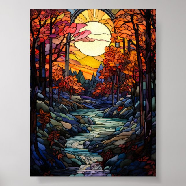 Autumn Forest Stained Glass with Mountain Stream Poster (Front)