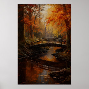 Autumn Forest Stream Bridge Art Print Dark