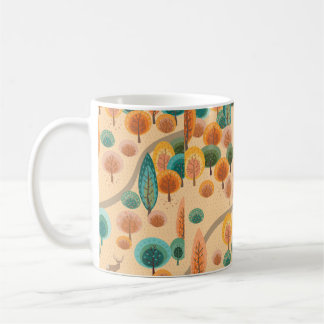 Autumn forest with abstract flat handdrawn trees a coffee mug