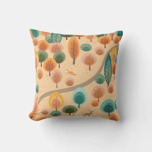 Autumn forest with abstract flat handdrawn trees a throw pillow