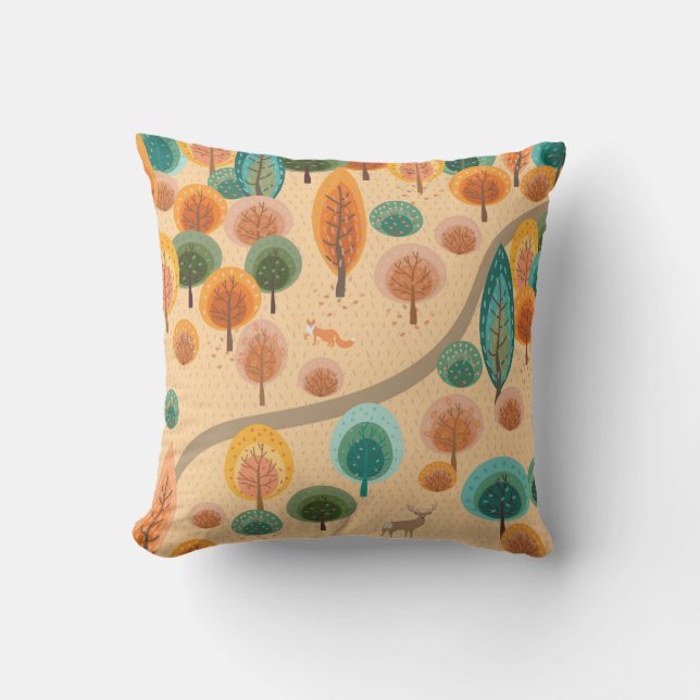 Autumn forest with abstract flat handdrawn trees a throw pillow (Front)