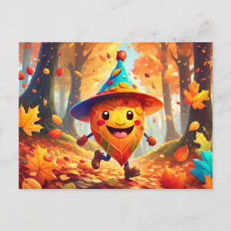 Autumn forest with laughing male postcard