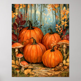 Autumn Forest with pumpkins and musrooms, Poster