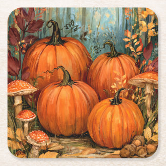 Autumn Forest with pumpkins and musrooms, Square Paper Coaster