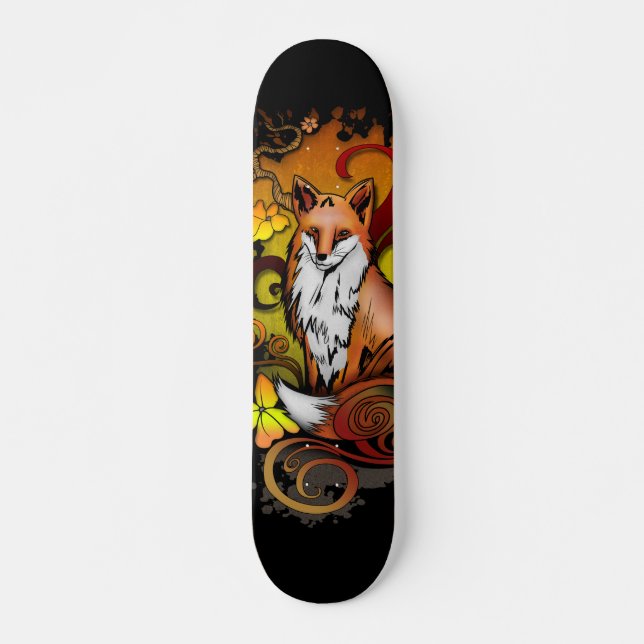 Autumn Fox Black Background Illustration Skateboard (Front)