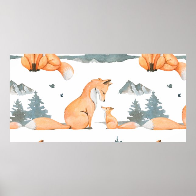 Autumn fox. Hand painted watercolor seamless patte Poster (Front)