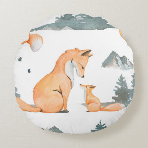 Autumn fox. Hand painted watercolor seamless patte Round Pillow