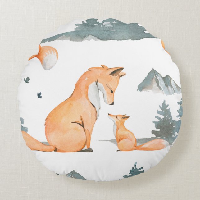Autumn fox. Hand painted watercolor seamless patte Round Pillow (Front)