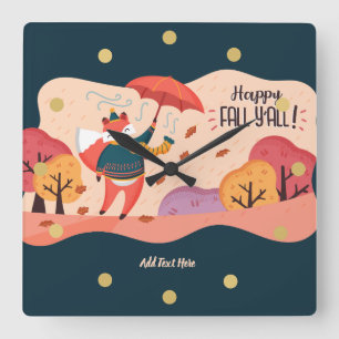 Autumn FOX Happy Fall Ya'll Personalized DECOR Square Wall Clock