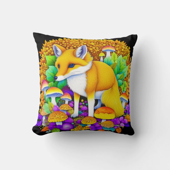 Autumn Fox in Mushrooms and Fall Leaves Throw Pillow (Front)