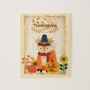 Autumn Fox Thanksgiving pumpkins and sunflowers Jigsaw Puzzle